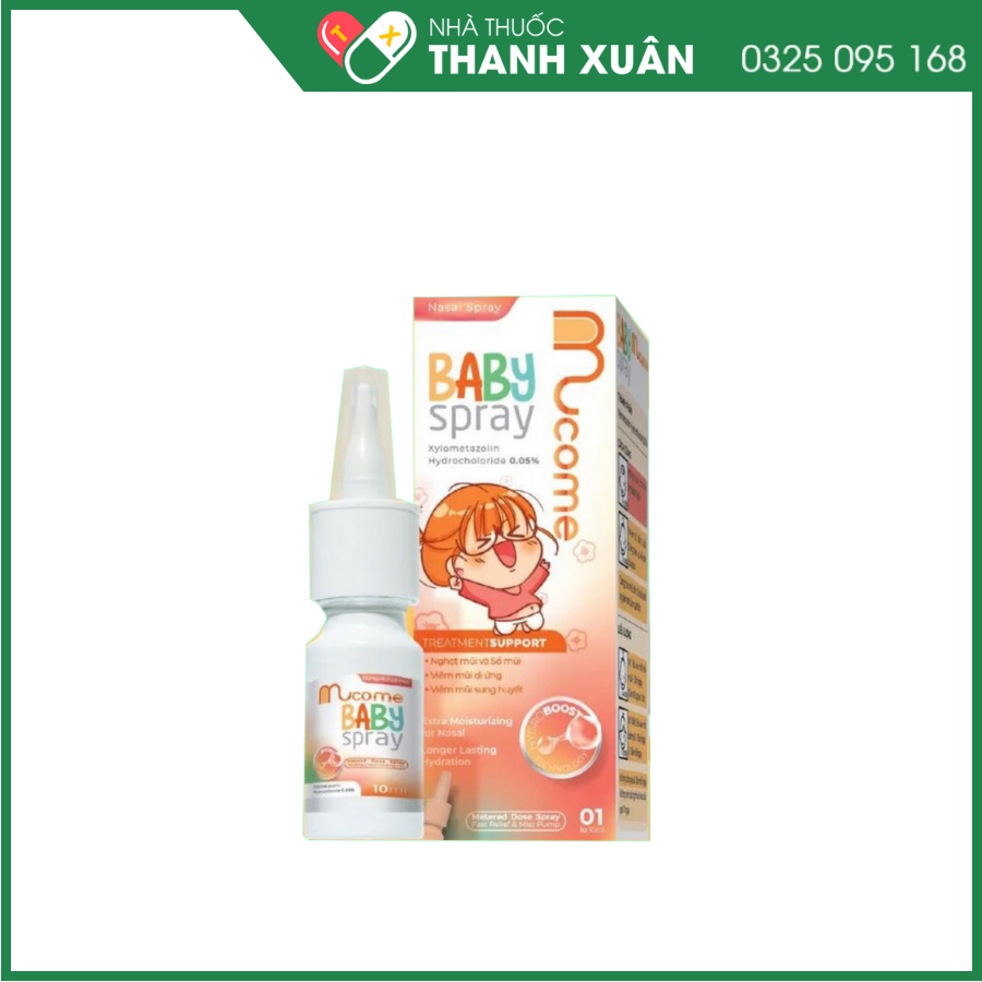 Mucome Baby Spray điều trị triệu chứng nghẹt mũi, sổ mũi, sung huyết mũi